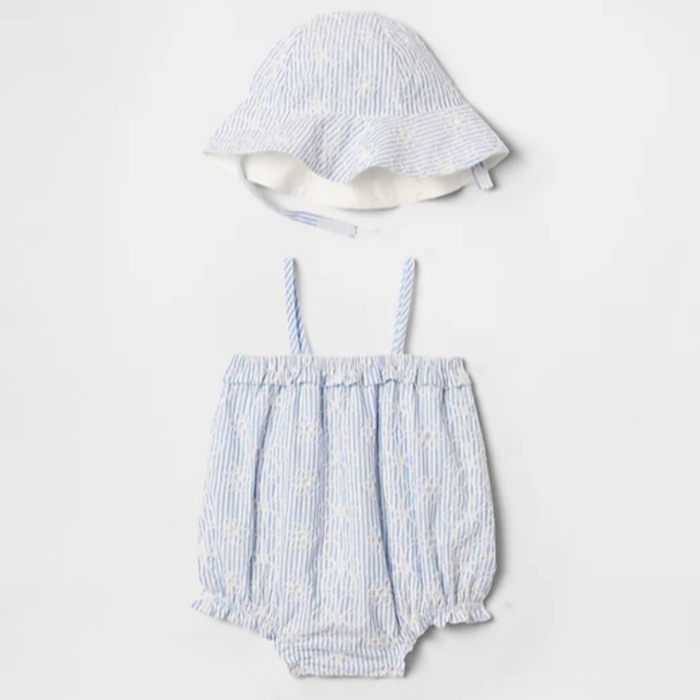 NWT Baby Gap Girl's Eyelet Bubble Romper Outfit Set w/ Hat Sz 18-24 M